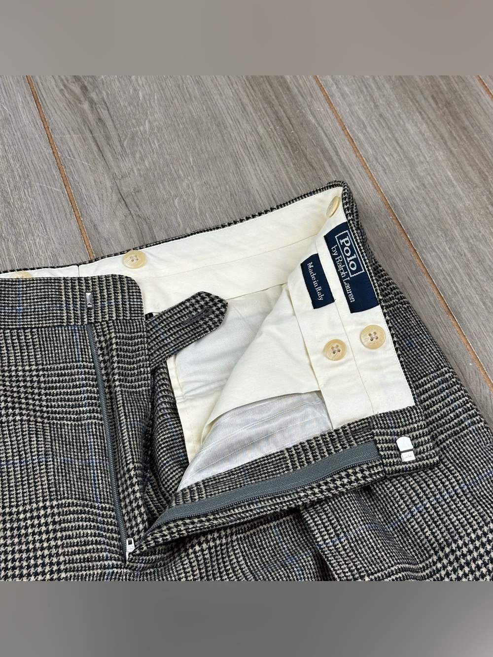 VTG Polo Ralph Lauren Trousers Pleated Glen Plaid 32x29 100% Wool Italy Gray